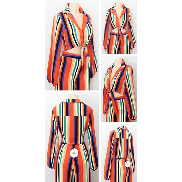 Striped Tie Front Top Wide Leg High Waist Pant Set - Picture 3 of 8